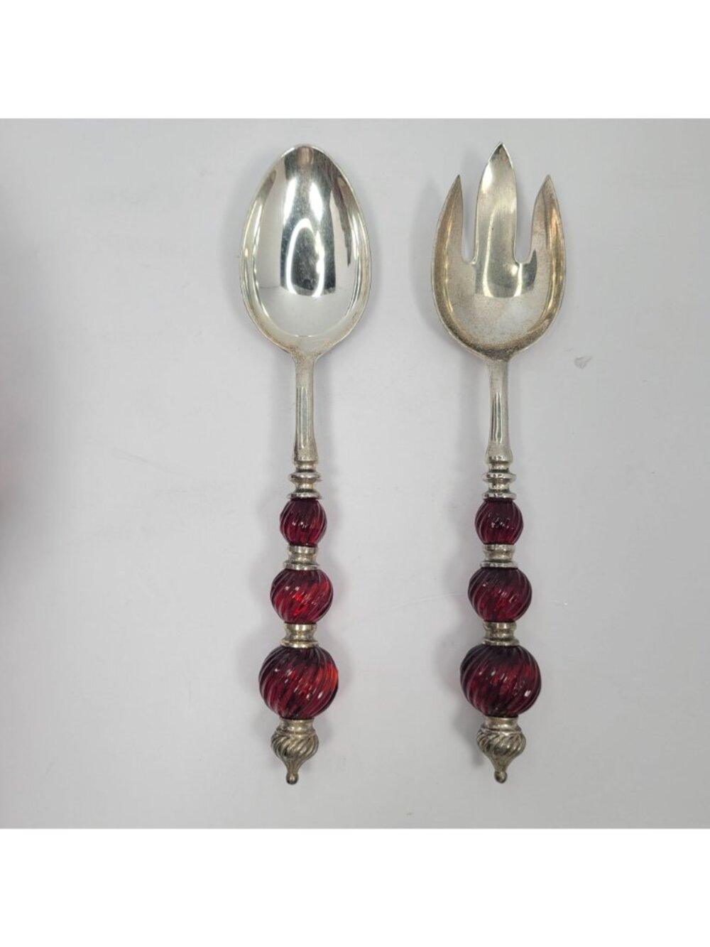 Vintage Silver Plated Godinger Ruby Red Glass Console Bowl with Utensils Set - Picture 10 of 12